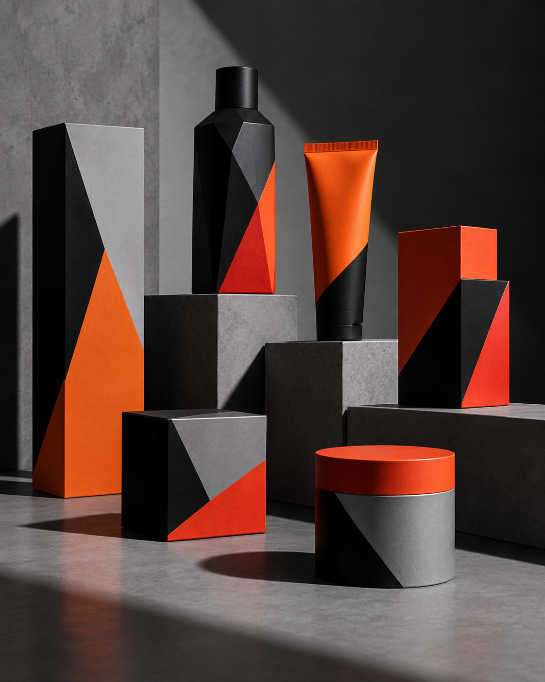 Unbranded packaging in orange, black and grey