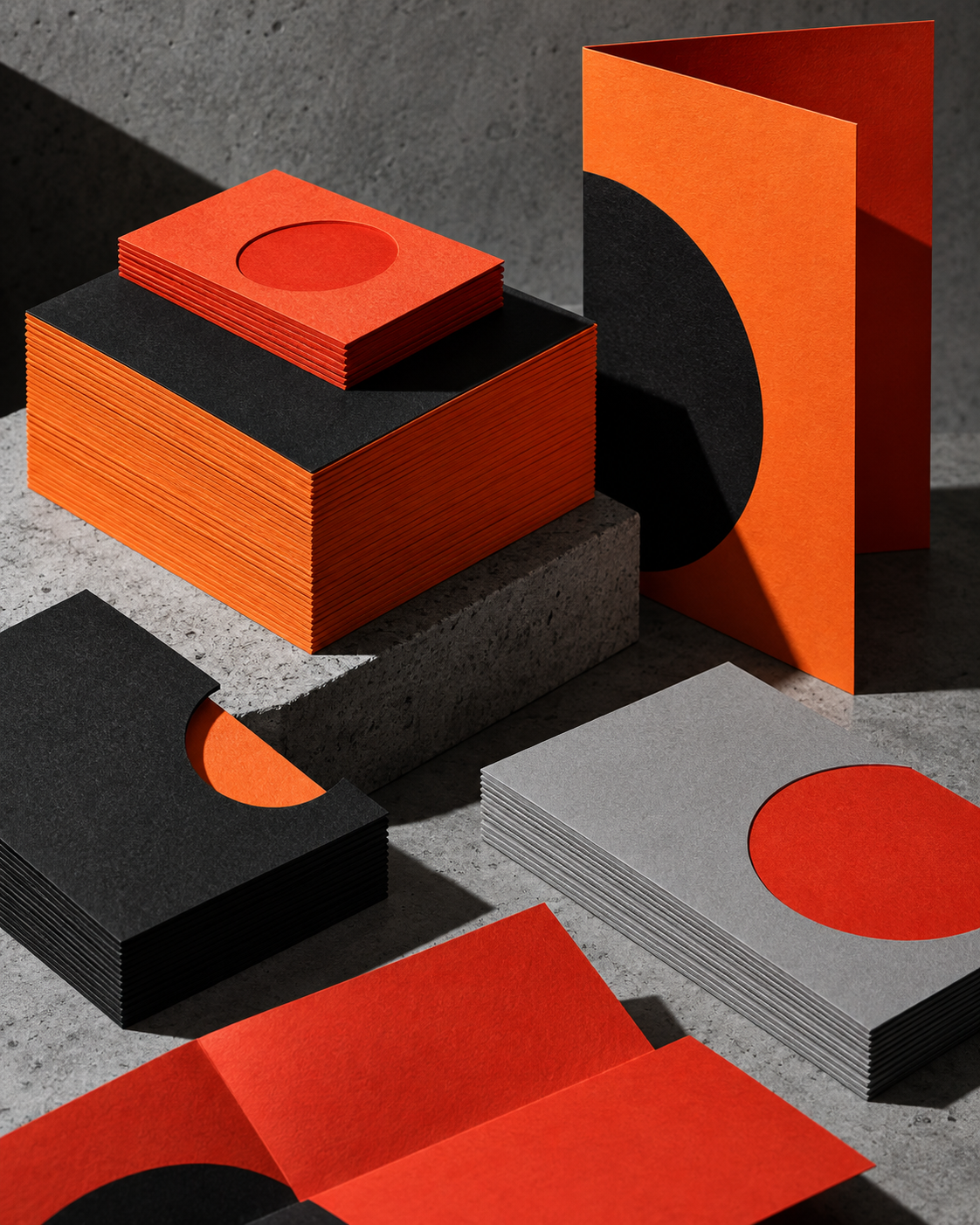 Printed cards and paper compositions in orange, black and grey